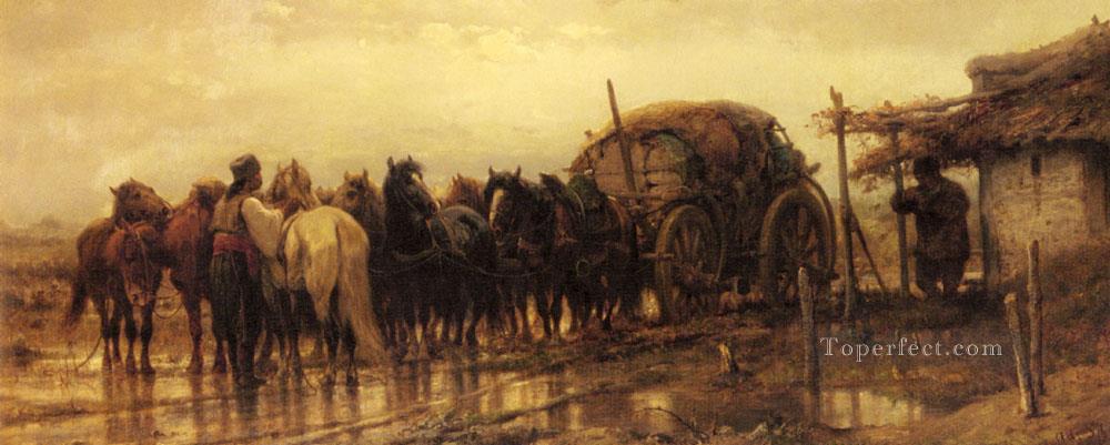 Arabe attelant des chevaux à l’Arabe Wagon Adolf Schreyer Peintures à l'huile